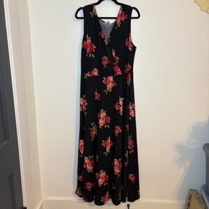 Love Squared Black Maxi Dress With Rose Print Sleeveless V-Neck Size 2X